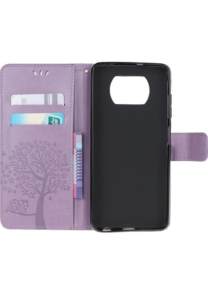 Xiaomi Poco X3/poco X3 Nfc-Purple Için Şık Baskı Ağacı ve Baykuş Cüzdan Deri Telefon Koruyucusu (Yurt Dışından)