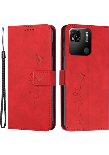 Xiaomi Için Redmi 10A/POCO C31/REDMI 9c/9c Nfc Kalp Şekli Baskılı Telefon Kılıfı Pu Deri Deri Touch Hisset Cüzdan Stand Iyi Koruma Kabuğu Kayış-Kırmızı ile (Yurt Dışından)