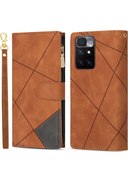 Çizgiler Ekleme Tasarım Anti-Drop Iyi Korumalı Cüzdan Deri Telefon Kapak Kasası Xiaomi Xiaomi Redmi 10 4g ()/redmi 10 4g/redmi Not 11 4g (Mediatek)/redmi 10 Prime-Brown (Yurt Dışından)