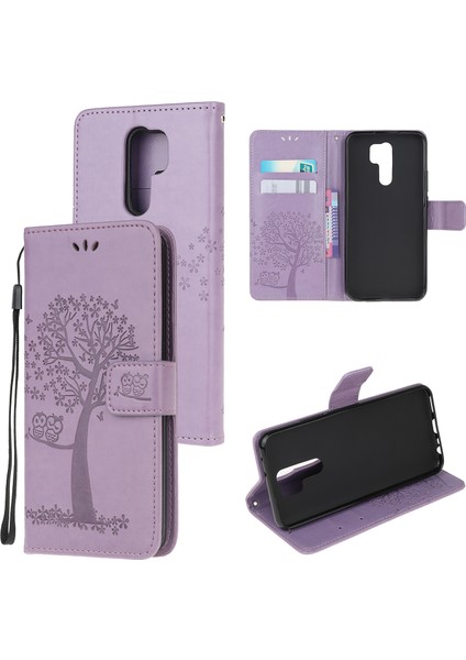 Baskı Ağacı Baykuş Cüzdan Deri Kılıfı Xiaomi Redmi 9 Işıklı Mor (Yurt Dışından)