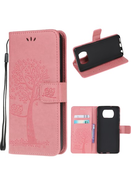 Xiaomi Poco X3/poco X3 Nfc-Pınk Için Şık Baskı Ağacı ve Baykuş Cüzdan Deri Telefon Koruyucusu (Yurt Dışından)