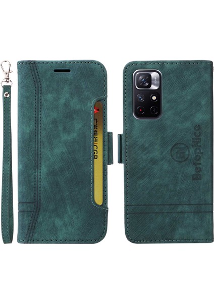 Xiaomi Redmi Için Note 11 Pro 5g (Mediatek)/note 11 Pro+ 5g/poco X4 NFC/11I 5g Baskılı Dikiş Hattı Deri Kılıf Telefon Cüzdan Stand Kapak Yeşili (Yurt Dışından)
