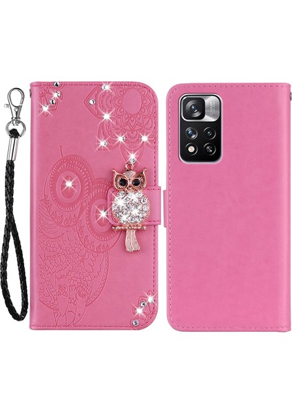 Pu Deri Manyetik Tokaton Dekor Dekor Telefon Kasası Cüzdan Baykuş Çiçek Baskılı Kabuk Kapağı Xiaomi Için Kayış ile Basılı Kabuk Kapağı Not 11 Pro 5g (Çin) (Mediatek)/11 Pro+ 5g-Rose (Yurt Dışından)