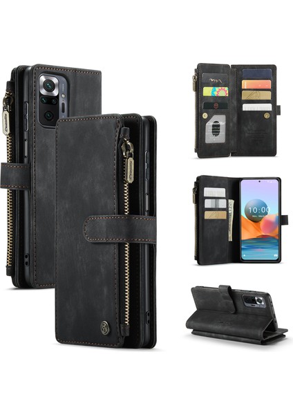 Xiaomi Redmi Için Note 10 Pro 4g (Global)/(Hindistan)/not 10 Pro Max C30 Serisi Şok Emilim Fermuar Cep Cüzdan Kapağı, Stand Tasarım Pu Deri Telefon Kılıf Black (Yurt Dışından)