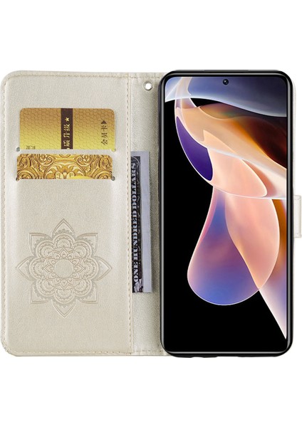 Pu Deri Manyetik Toka Rhinestone Dekoru Telefon Kılıfı Stand Baykuş Çiçeği Baskalı Kabuk Kapağı Xiaomi Redmi Not 11 Pro 5g (Çin) (Mediatek)/11 Pro+ 5g-Gold (Yurt Dışından) fırsatları