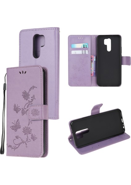 Xiaomi Redmi 9 Işıklı Mor Için Baskı Kelebek Çiçek Cüzdan Deri Kapağı (Yurt Dışından)