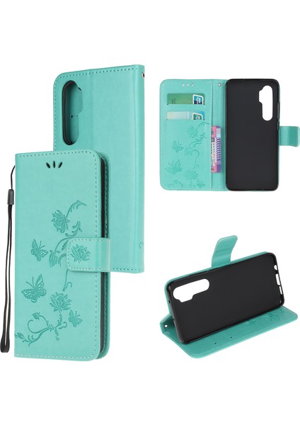 Xiaomi Mi Için Kelebek Çiçek Deri Cüzdan Cep Telefonu Kılıfı Not 10 Lite-Cyan (Yurt Dışından)
