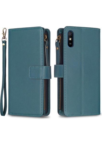 Xiaomi Için BF19 Redmi 9A Önleme Önleyici Telefon Kapağı Zippered Pu Deri Cüzdan Standı Telefon Vaka-Yeşil (Yurt Dışından)