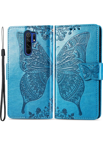 Xiaomi Için Redmi 9 Anti-Çizgi Pu Deri Deri Manyetik Kapanma Telefon Cüzdan Kapağı Baskılı Kelebek Desen Standı Case-Blue (Yurt Dışından)