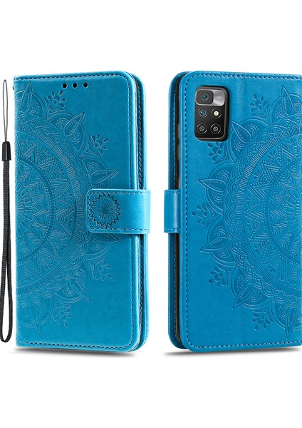 Xiaomi Için Redmi 10 4g (2021)/REDMI 10 2022 4g/redmi 10 Prime/redmi Not 11 4g (Mediatek) Basılı Mandala Çiçek Pu Deri Deri Cüzdan Stand Telefon Flip Kapak Kılıf Kılıfı Mavisi (Yurt Dışından)