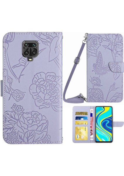 Xiaomi Redmi Için Note 9 Pro/not 9 Pro Max/not 9s Kelebek Çiçek Desenleme Desen Cüzdan Pu Kılıf Pu Deri Deri Kitaplık Stand Magnetik Koyu Omuz Kayış Işığı Mor Moral (Yurt Dışından)