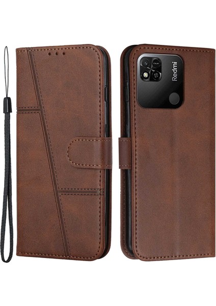 Xiaomi Için Redmi 10A/POCO C31/REDMI 9c Dikiş Pu Deri Koruyucu Kılıf Cüzdan Fonksiyonu Folyo Stand Şok Geçirmez Kapak Kayış-Kahverengi (Yurt Dışından)