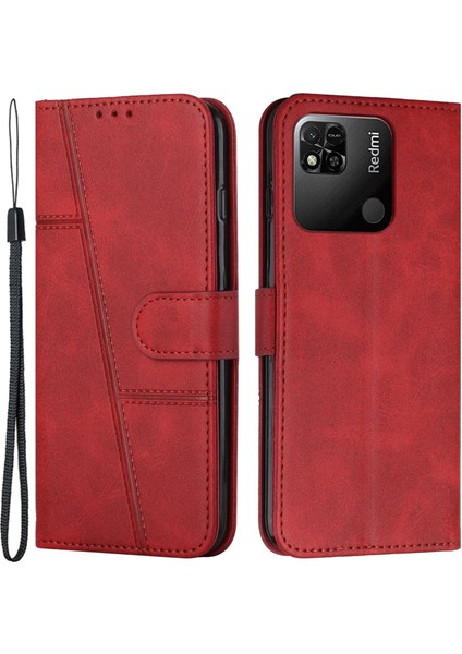 Xiaomi Redmi 10A/POCO C31/REDMI 9c/9c Nfc Dikiş Pu Deri Koruyucu Kılıf Fonksiyon Folio Stand Şok Geçirmez Kapak Kayış-Kırmızı ile (Yurt Dışından)