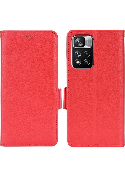 Stand Fonksiyon Litchi Doku Pu Deri Cüzdan Kılıfı Xiaomi Redmi Için Çift Manyetik Toka Çevirme Kapağı Not 11 Pro+ 5g/redmi Not 11 Pro 5g (Çin) (Mediatek) -Red (Yurt Dışından)