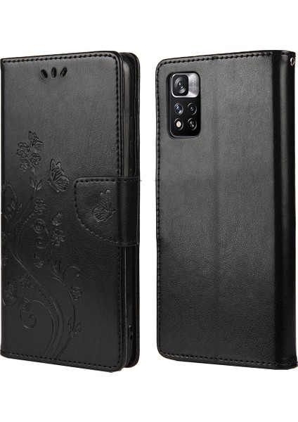 Baskılı Kelebek Çiçek Deseni Pu Deri Manyetik Flip Kapak Standı Özellik Xiaomi Redmi Için Cüzdan Telefon Kılıfı Not 11 Pro 5g (Çin) (Mediatek)/not 11 Pro+ 5g-Black (Yurt Dışından)