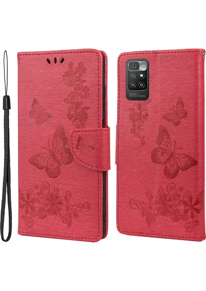Deri Cüzdan Kasası Izleme Xiaomi Için Stant ile Kelebek Çiçek Telefon Kılıfı 10 Redmi 10 Prime/redmi 10-Kırmızı (Yurt Dışından)
