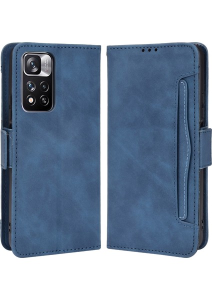 Manyetik Kapanma Çekmeye Dayanıklı Kılıf Çok Kart Yuvası Tasarım Cüzdanı Pu Deri Telefon Kapağı Xiaomi Redmi Not 11 Pro+ 5g/redmi Note 11 Pro 5g (Çin) (Mediatek) -Blue (Yurt Dışından)