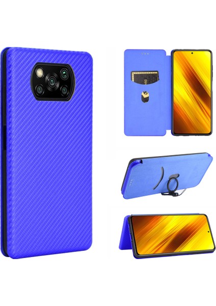Karbon Fiber Kart Tutucu Xiaomi Poco X3/poco X3 Nfc-Blue Için Otomatik Absorlanmış Deri Kılıf (Yurt Dışından)