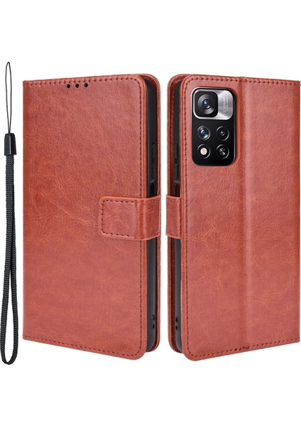 Çılgın At Doku Anti Drop Anti-Drop Şık Pu Deri Cüzdan Xiaomi Için Kullanışlı Kayış ile Manyetik Kapanma Kılıfı Not 11 Pro+ 5g/redmi Note 11 Pro 5g (Çin) (Mediatek) -Brown (Yurt Dışından)