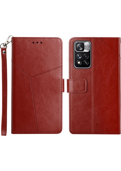 Şık Baskılı Y Şeklindeki Çizgiler Manyetik Pu Deri Stand Flip Cüzdan Telefon Kapağı Xiaomi Redmi Için Kayış ile Not 11 Pro+ 5g/redmi Not 11 Pro 5g (Çin) (Mediatek) -Brown (Yurt Dışından)