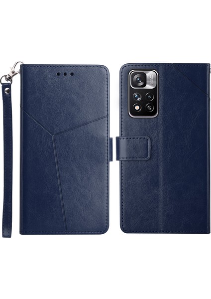 Şık Baskılı Y Şeklindeki Çizgiler Manyetik Pu Deri Stand Flip Cüzdan Telefon Kapağı Xiaomi Redmi Için Kayış ile Not 11 Pro+ 5g/redmi Not 11 Pro 5g (Çin) (Mediatek) -Blue (Yurt Dışından)