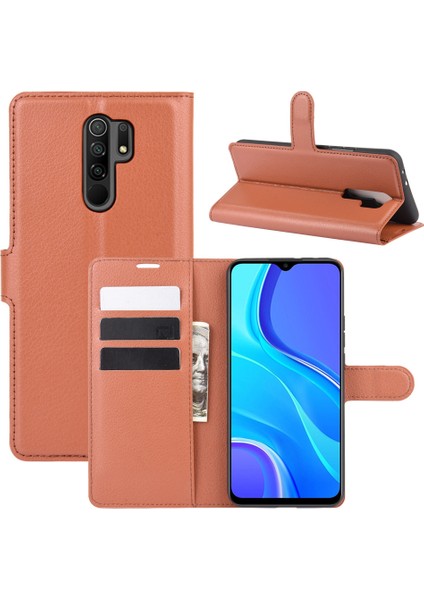Litchi Doku Cüzdan Stand Deri Kapak Kılıfı Xiaomi Redmi 9-Brown (Yurt Dışından)