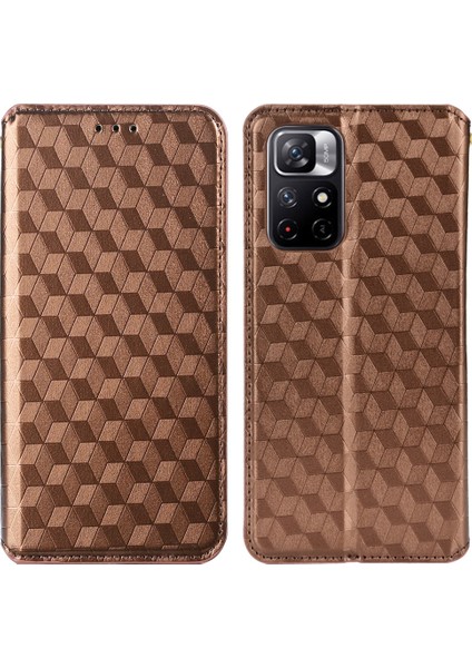 3D Rhombus Desen Pu Deri Stand Cüzdan Koruyucu Telefon Kılıfı Xiaomi Redmi Not 11 5g (Çin) (Mediatek)/redmi Not 11T 5g/redmi Not 11S 5g-Brown (Yurt Dışından)
