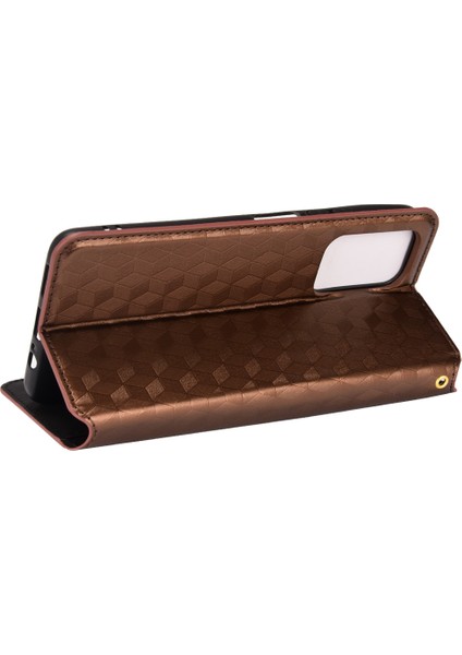 3D Rhombus Desen Pu Deri Stand Cüzdan Koruyucu Telefon Kılıfı Xiaomi Redmi Not 11 5g (Çin) (Mediatek)/redmi Not 11T 5g/redmi Not 11S 5g-Brown (Yurt Dışından)