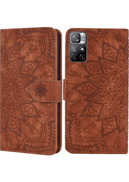 Baskı Çiçek Telefon Kapağı Çekmeye Dirençli Anti-Güz Cüzdan Tasarım Deri Kılıf Stand Boyu Xiaomi Redmi Not 11 5g (Çin) (Mediatek)/redmi Not 11T 5g/redmi Not 11S 5g-Brown (Yurt Dışından)