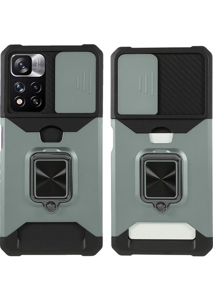 Kamera Kaydırıcı Anti-Fall Koruma Pc+ Tpu Telefon Kılıf Kartı Yuvası ve Kickstand Tasarım Telefon Kapağı Xiaomi Redmi Note 11 Pro 5g (Çin) (Mediatek)/note 11 Pro+ 5g-Dark Yeşil (Yurt Dışından)