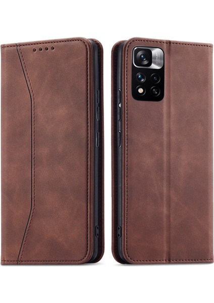 Cüzdan Stand Tasarımı Çift Kenar Katı Dikiş Anti-Damla Anti-Damla Otomatik Kapanış Deri Telefon Kasası Xiaomi Redmi Note 11 Pro 5g (Çin) (Mediatek)/note 11 Pro+ 5g-Coffee (Yurt Dışından)