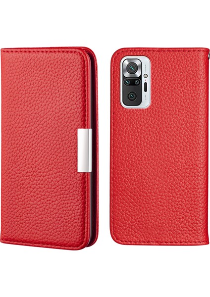 Retro Stil Litchi Doku Metal Manyetik Manyetik Toka Deri Kasa Kartı Yuvaları Xiaomi Redmi Için Telefon Kabuk Kapağı Note 10 Pro 4g (Hindistan)/4g (Global) -Red (Yurt Dışından)