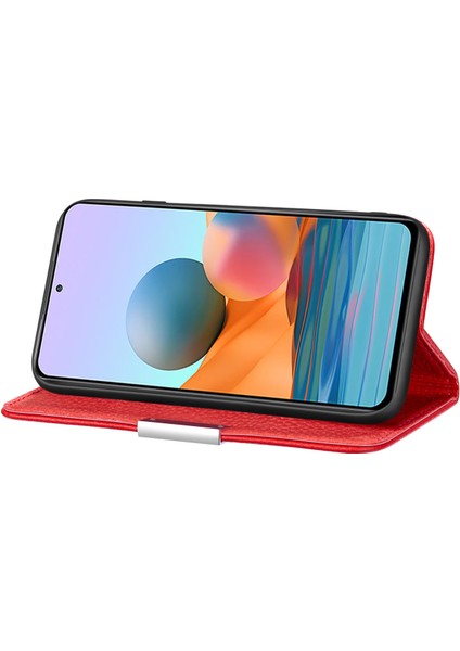 Retro Stil Litchi Doku Metal Manyetik Manyetik Toka Deri Kasa Kartı Yuvaları Xiaomi Redmi Için Telefon Kabuk Kapağı Note 10 Pro 4g (Hindistan)/4g (Global) -Red (Yurt Dışından)