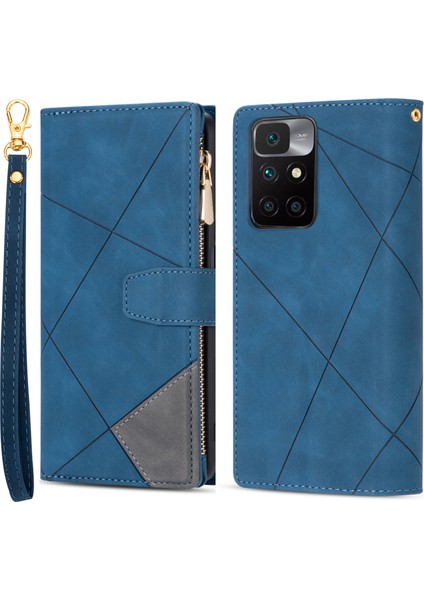 Çizgiler Ekleme Tasarım Anti-Drop Iyi Korumalı Cüzdan Deri Telefon Kapağı Kasası Xiaomi Xiaomi Redmi 10 4g ()/redmi 10 4g/redmi Not 11 4g (Mediatek)/redmi 10 Prime-Blue (Yurt Dışından)