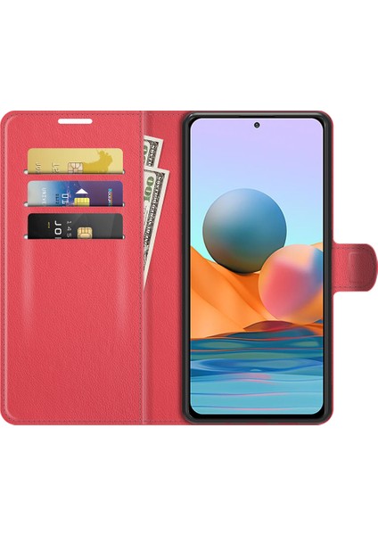 Cüzdan Tasarım Litchi Doku Deri Telefon Kılıfı Xiaomi Redmi Note 10 Pro-Kırmızı (Yurt Dışından) modelleri