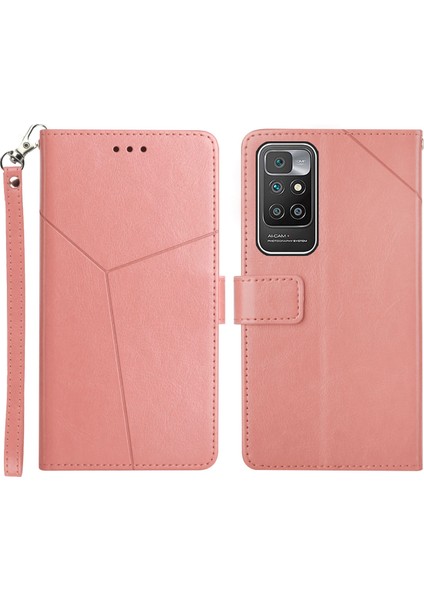 Y Şeklindeki Hatlar Damla Dirençli Pu Deri+Yumuşak Tpu Iç Kabuk Cüzdanı Stand Xiaomi Redmi Için Telefon Kapağı Not 11 4g (Mediatek)/10 4g (2021)/10 2022 4g/10 Prime-Pink (Yurt Dışından)