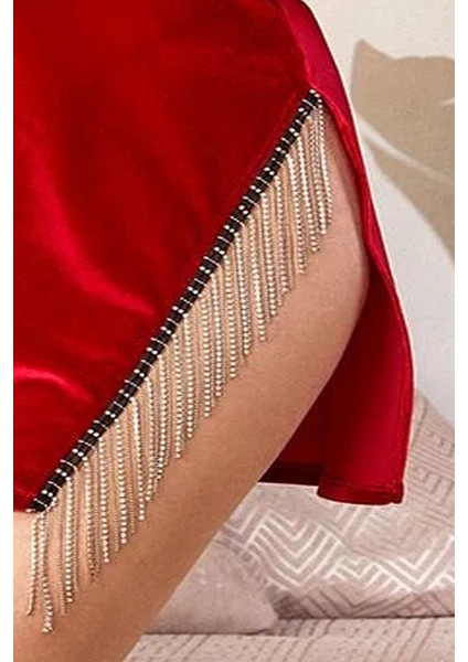 25033 Kadın Kadife Taş Askılı Yırtmaçlı Kruvaze Yaka Gecelik-Kırmızı modelleri