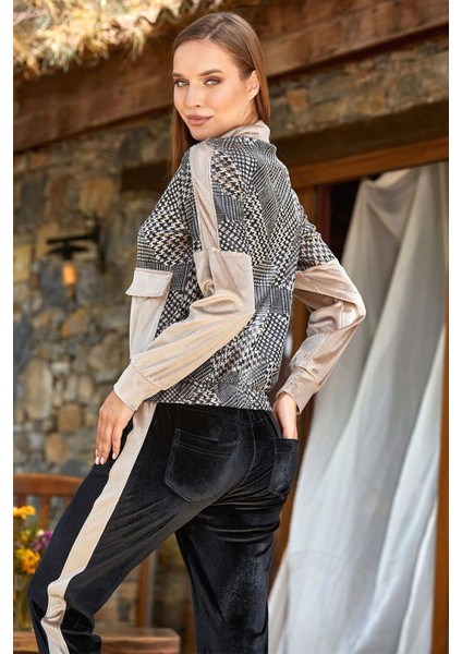 24342 Kadın Uzun Kollu Kazayağı Desen Kadife Eşofman Takımı-Bej fiyatları