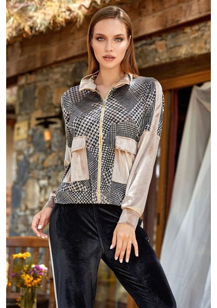 24342 Kadın Uzun Kollu Kazayağı Desen Kadife Eşofman Takımı-Bej modelleri