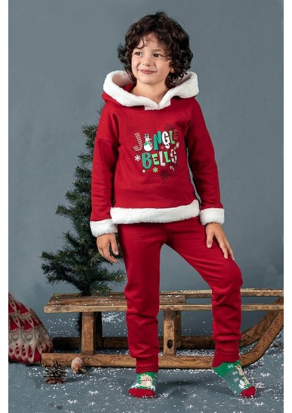 Unisex Çocuk Yılbaşı Christmas Noel Temalı Jingle Bells Model Kapüşonlu 3 Ip Şardonlu 2 Parça Alt Üst Takım