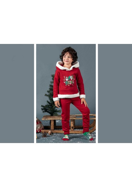 Unisex Çocuk Yılbaşı Christmas Noel Temalı Jingle Bells Model Kapüşonlu 3 Ip Şardonlu 2 Parça Alt Üst Takım fiyatları