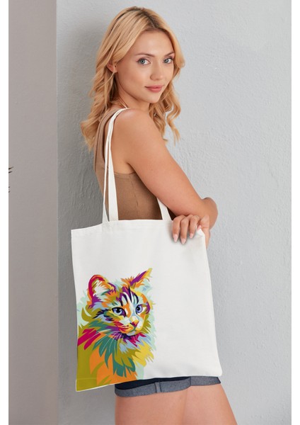 Pop Art Cat Model Baskılı Günlük Kullanım Özel Baskı Bez Omuz Çantası Hediyelik Tote Bag