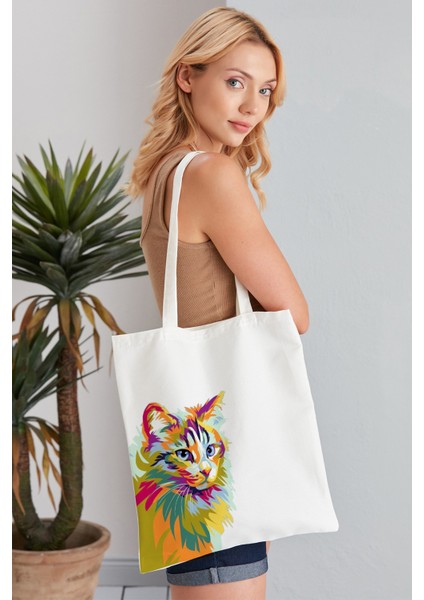 Pop Art Cat Model Baskılı Günlük Kullanım Özel Baskı Bez Omuz Çantası Hediyelik Tote Bag