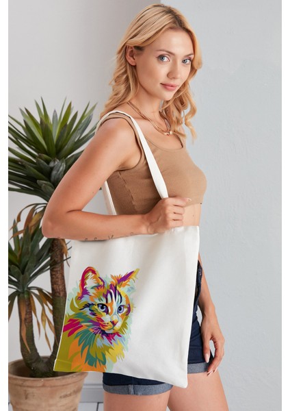 Pop Art Cat Model Baskılı Günlük Kullanım Özel Baskı Bez Omuz Çantası Hediyelik Tote Bag