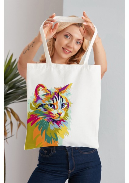 Pop Art Cat Model Baskılı Günlük Kullanım Özel Baskı Bez Omuz Çantası Hediyelik Tote Bag