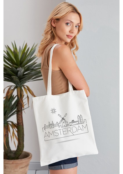 Amsterdam Model Baskılı Günlük Kullanım Özel Baskı Bez Omuz Çantası Hediyelik Tote Bag
