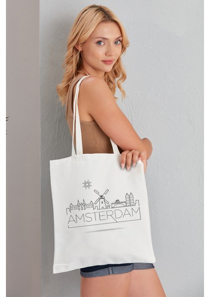 Amsterdam Model Baskılı Günlük Kullanım Özel Baskı Bez Omuz Çantası Hediyelik Tote Bag