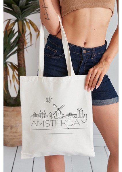 Amsterdam Model Baskılı Günlük Kullanım Özel Baskı Bez Omuz Çantası Hediyelik Tote Bag