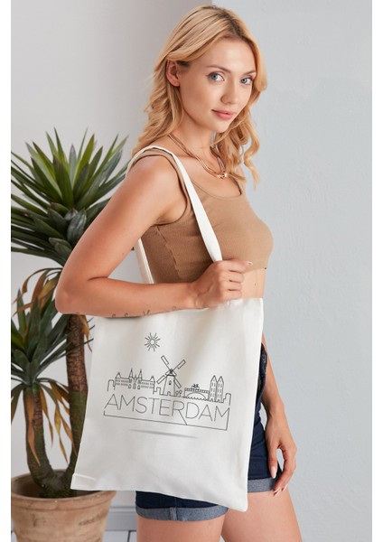 Amsterdam Model Baskılı Günlük Kullanım Özel Baskı Bez Omuz Çantası Hediyelik Tote Bag