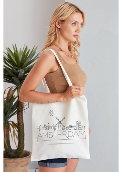 Amsterdam Model Baskılı Günlük Kullanım Özel Baskı Bez Omuz Çantası Hediyelik Tote Bag